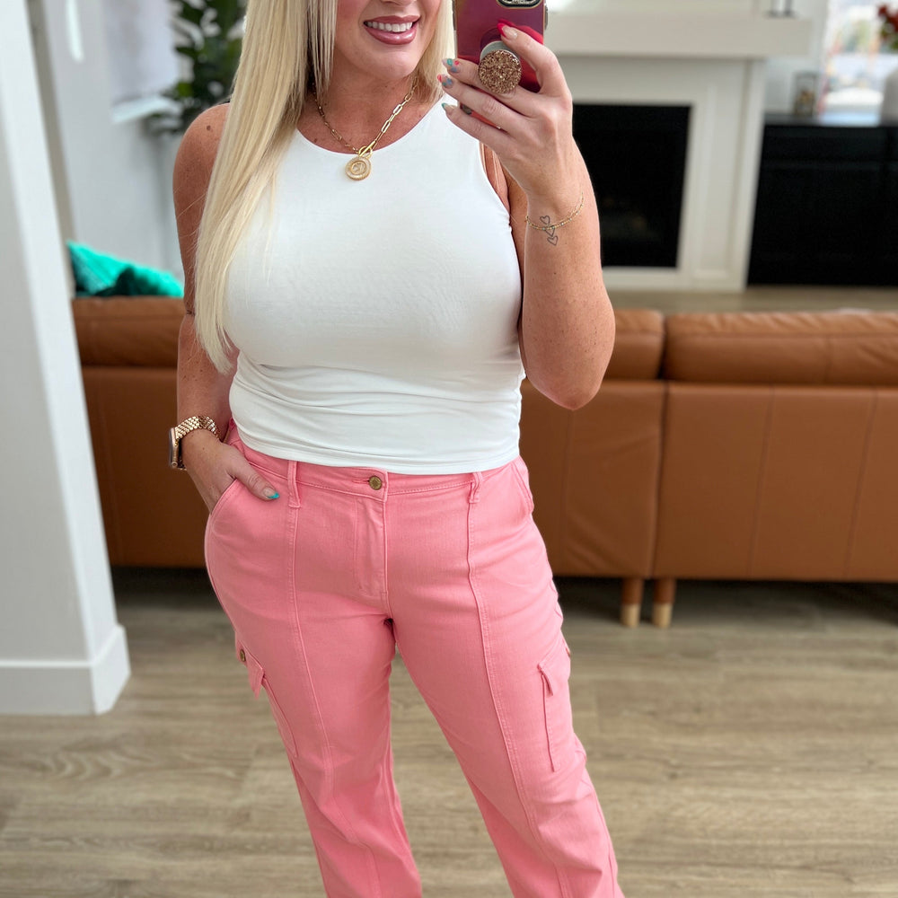 
                      
                        Peggy High Rise Cargo Straight Jeans in Pink
                      
                    