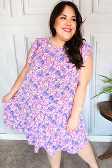  Lilac Floral Tiered Ruffle Sleeve Woven Dress