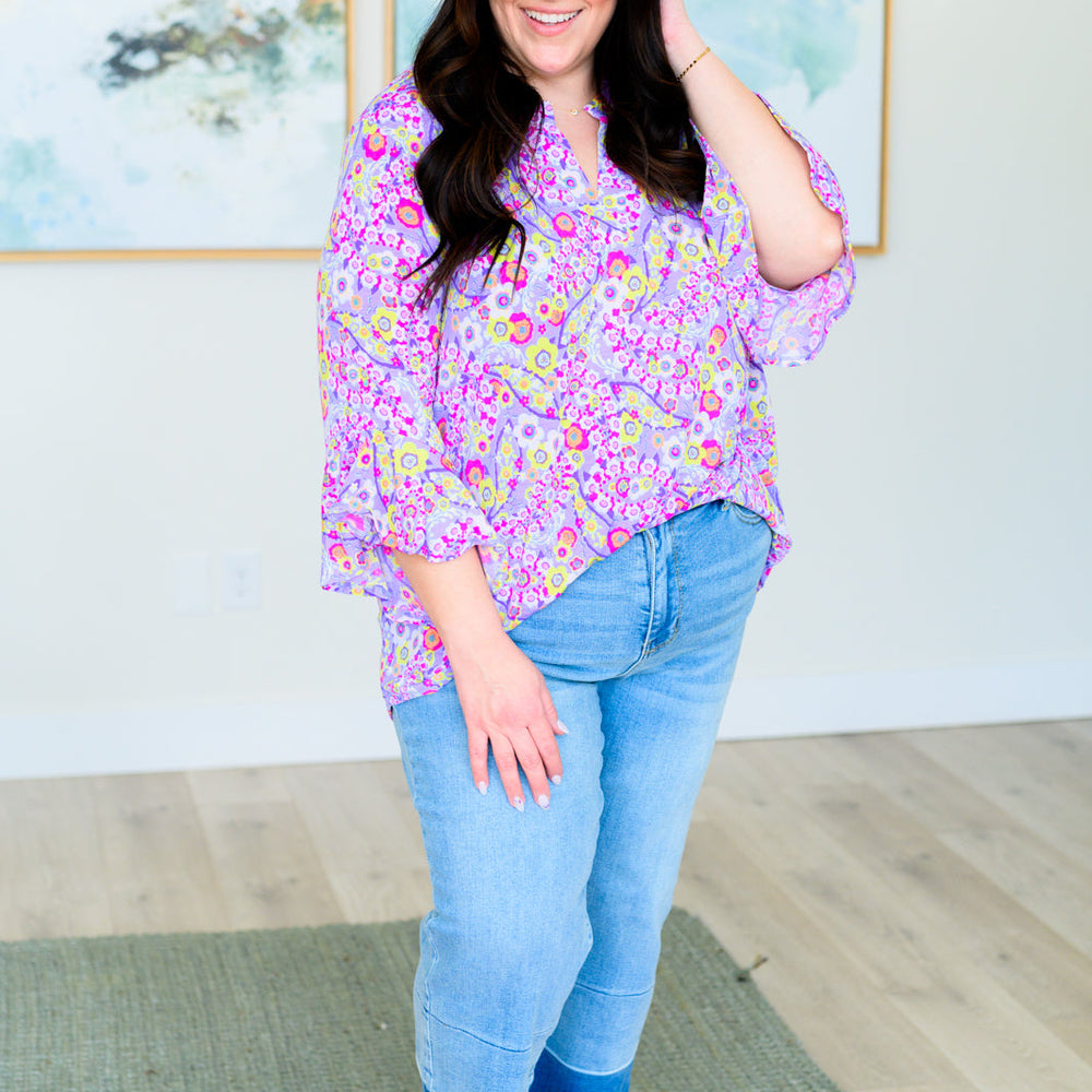 
                      
                        Lizzy Bell Sleeve Top in Lavender Retro Ditsy Floral
                      
                    