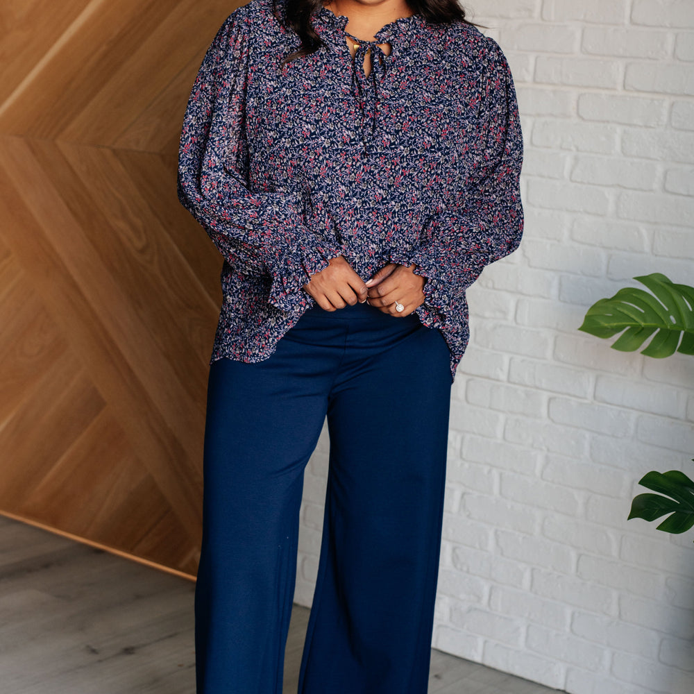 
                      
                        Lucid Dream Ruffle Neckline Blouse in Navy
                      
                    