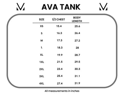 Ava Tank size chart showing measurements for XS through 4XL