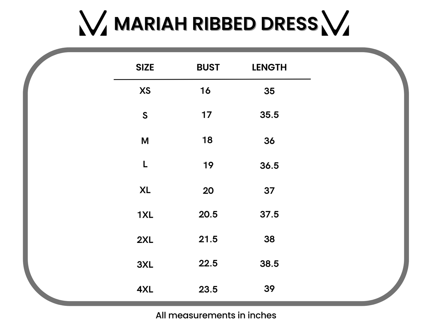 Mariah Ribbed Dress size chart showing bust and length measurements for sizes XS through 4XL