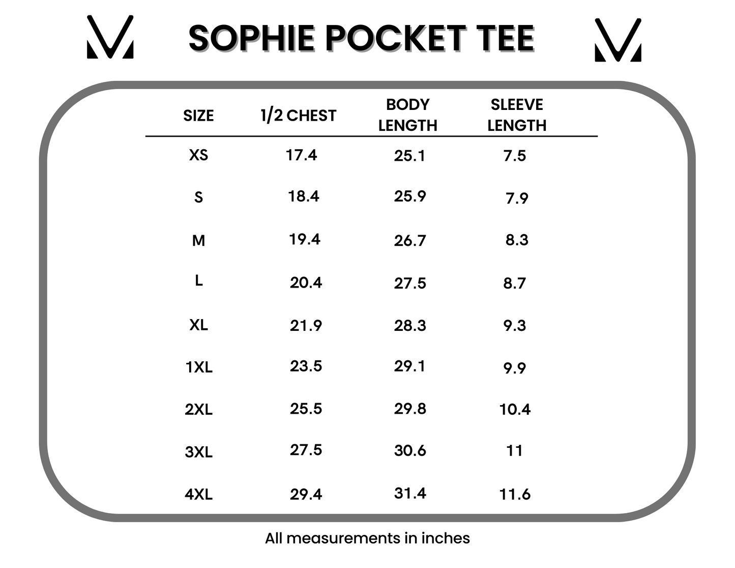 Sophie Pocketless Tee size chart showing measurements in inches for sizes XS through 4XL including chest, body length, and sleeve length