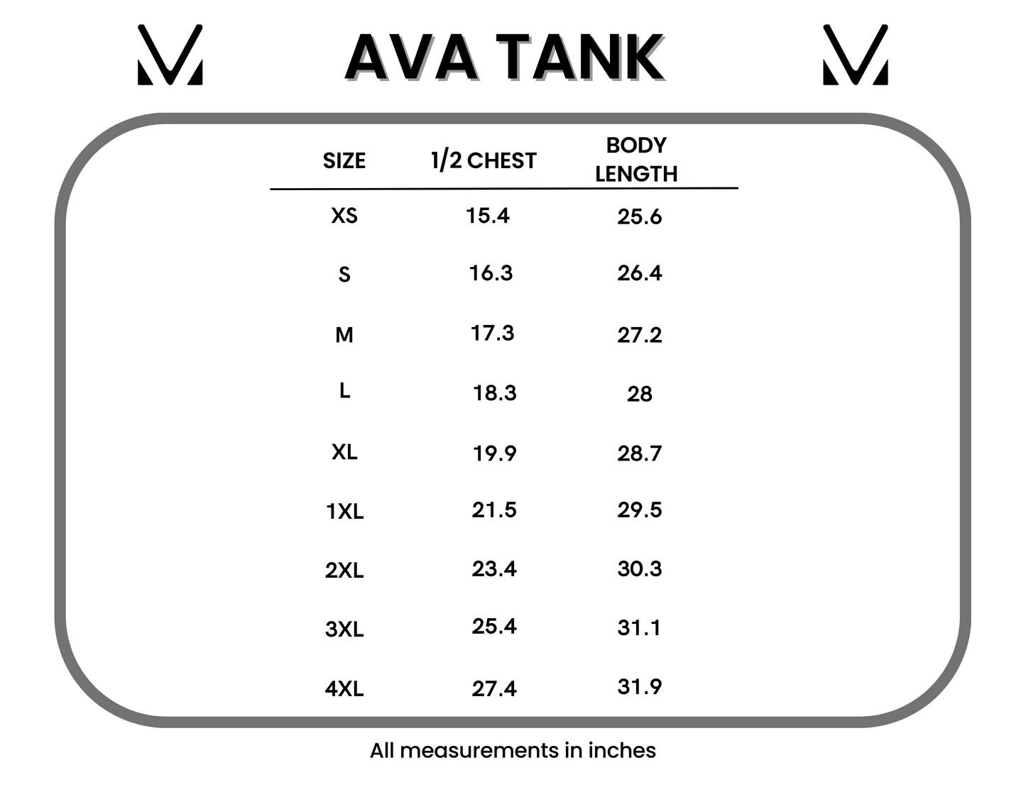 Measurement chart for 'AVA TANK' with size chart and measurements in inches.