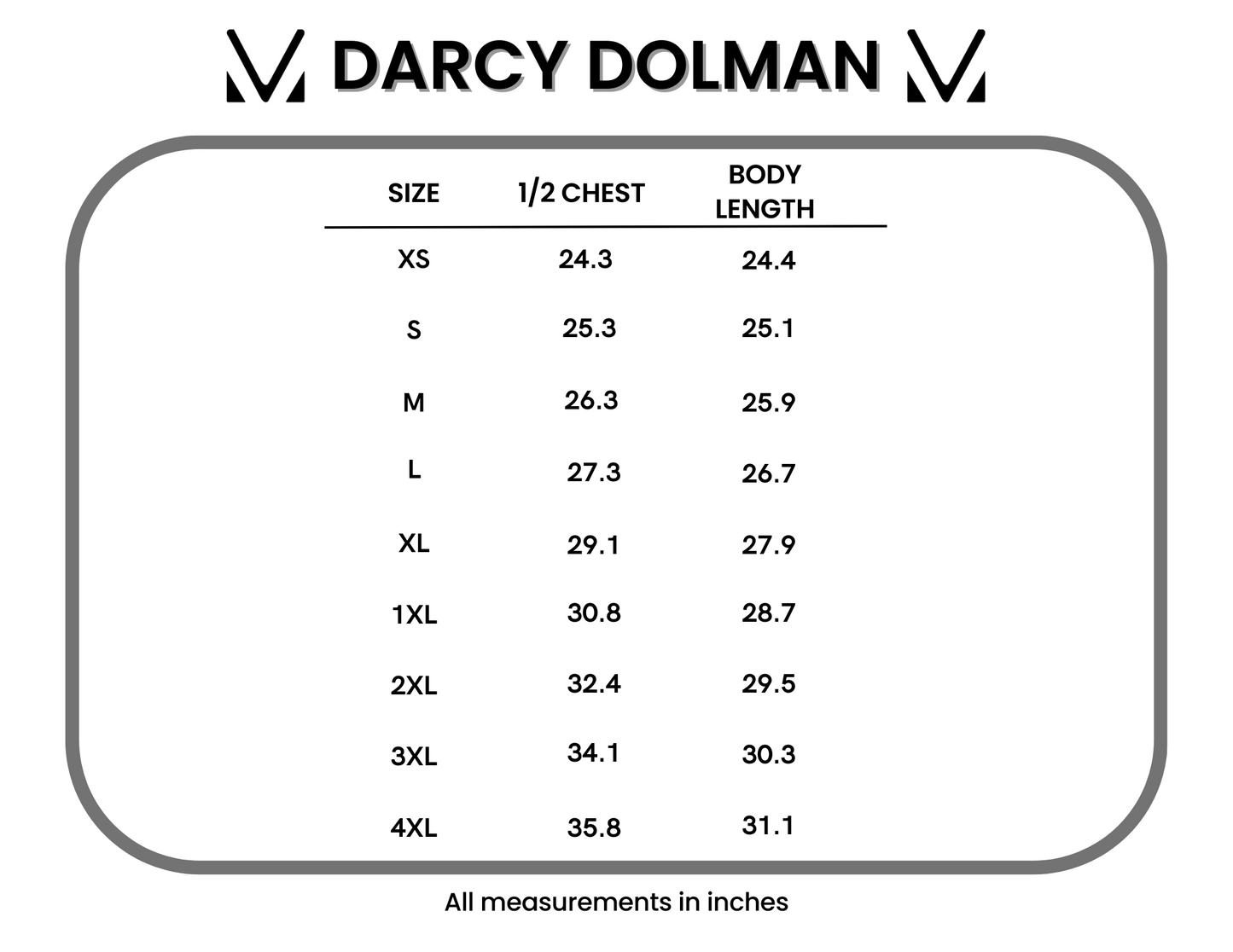  Darcy Dolman size chart showing measurements for XS through 4XL