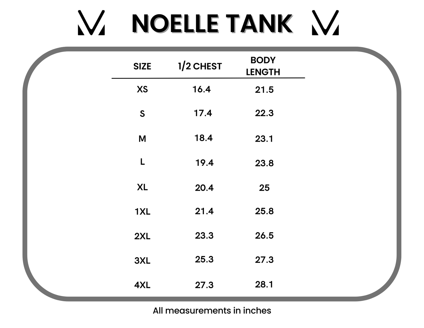 Size chart for 'Noelle Tank' with measurements in inches.