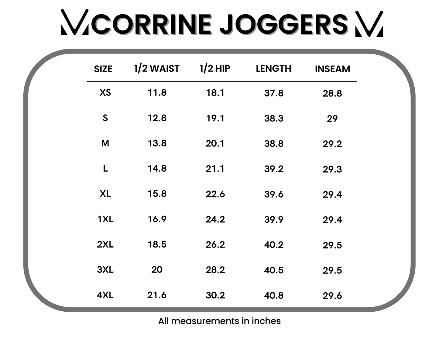 Corrine Joggers size chart showing half waist, half hip, length, and inseam for sizes XS through 4XL