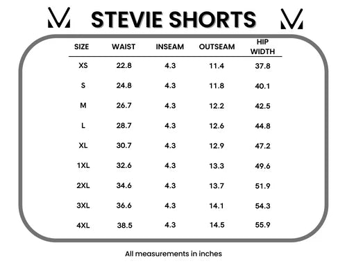 Stevie Shorts size chart with measurements in inches