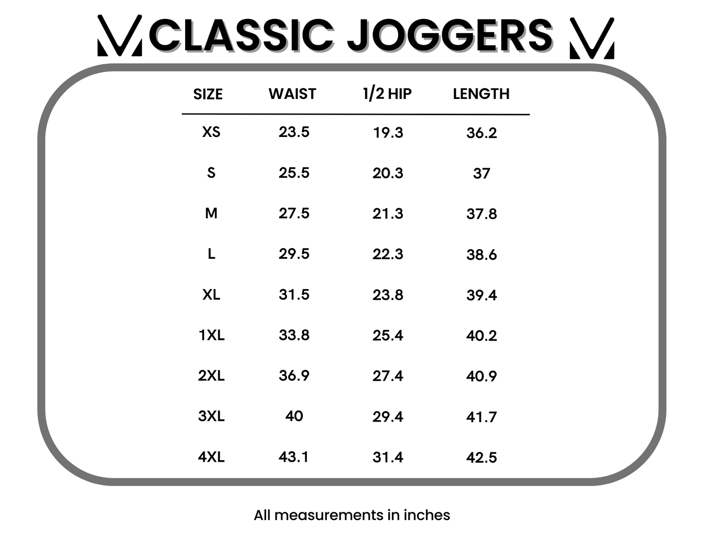 Size chart for classic joggers with measurements in inches.