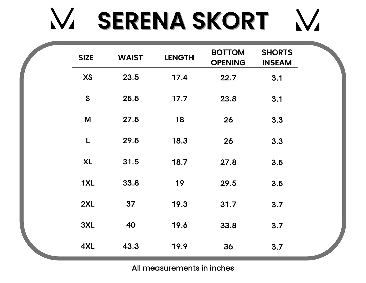 Measurement chart for Serena Skort with size chart and dimensions.