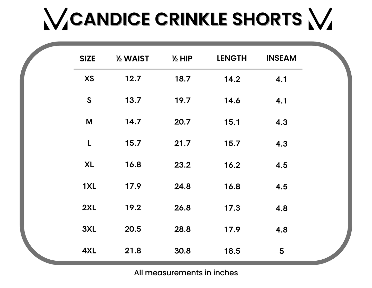 Measurement chart for Candice Crinkle Shorts with size chart and dimensions.