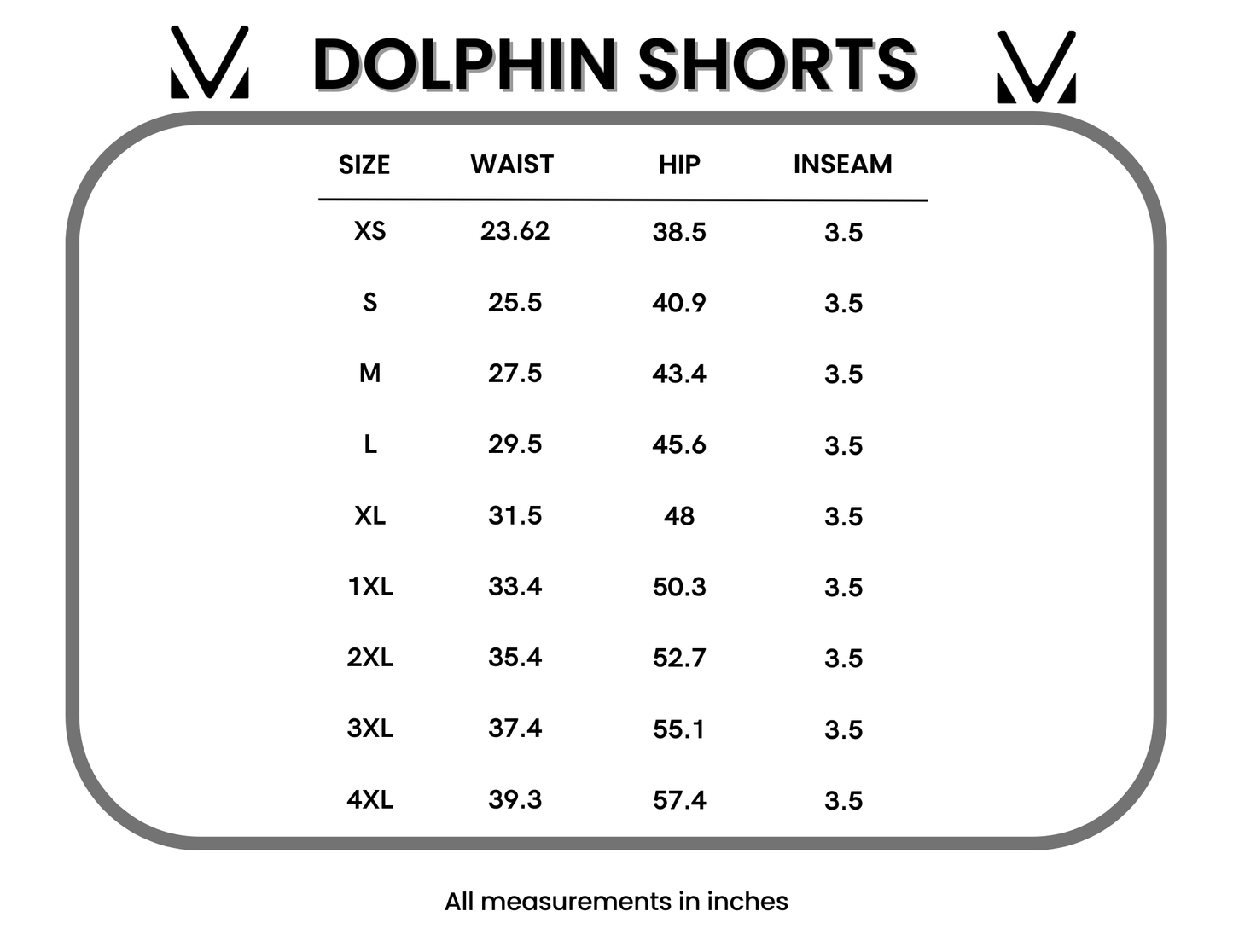Dolphin shorts size chart with measurements in inches