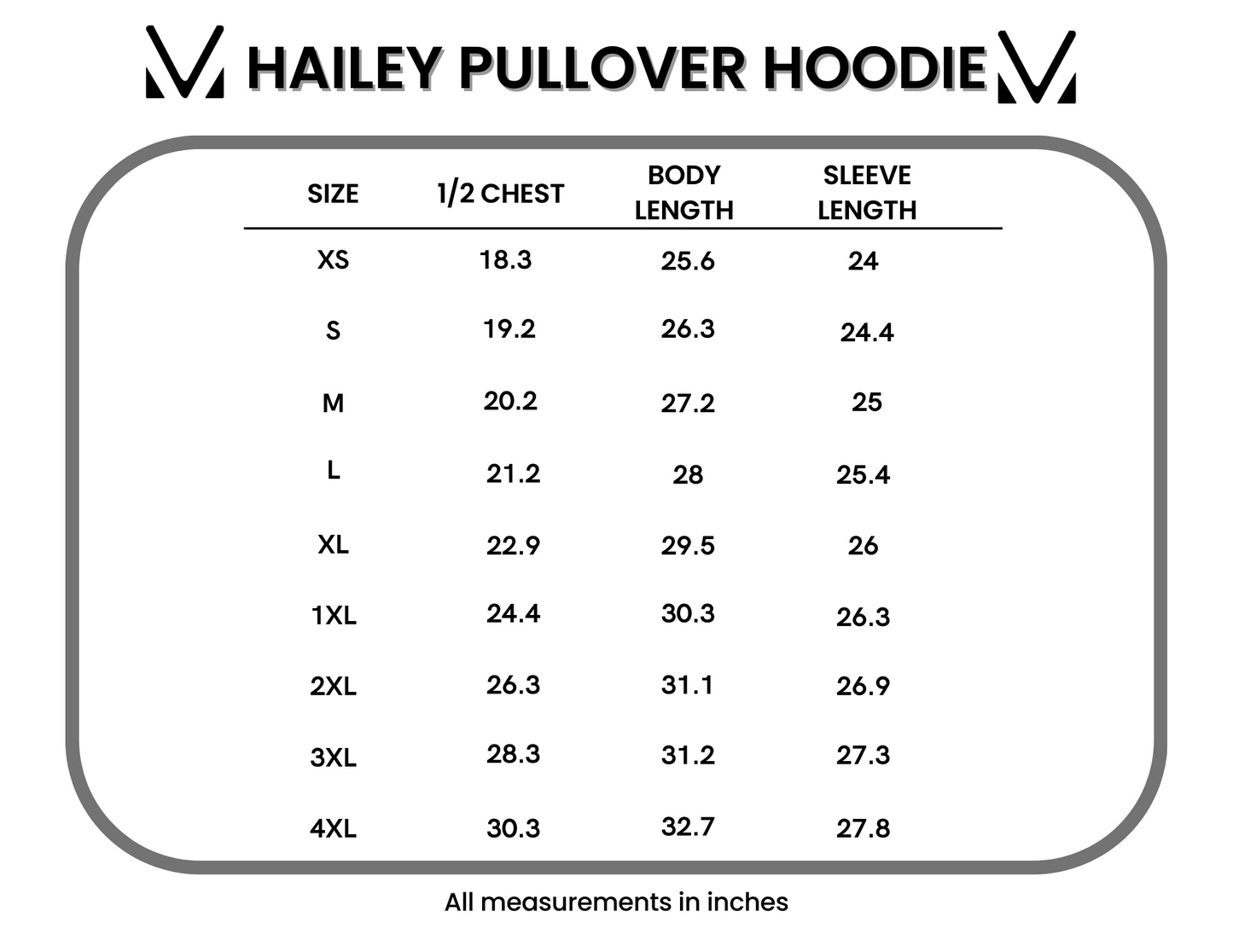 Size chart for Hailey Pullover Hoodie with measurements in inches.