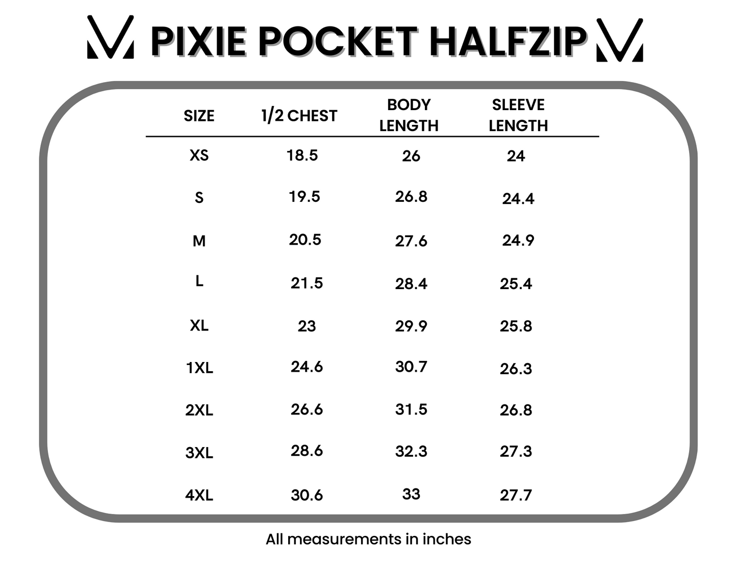 Size chart for Pixie Pocket Halfzip with measurements in inches
