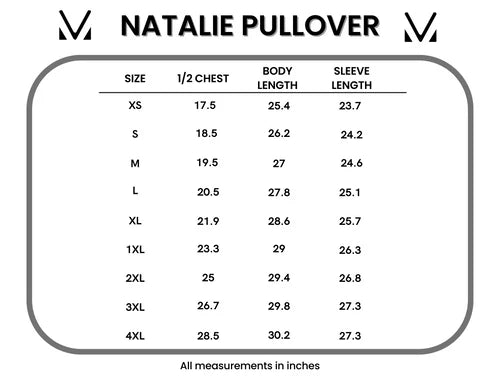 Natalie Pullover size chart showing measurements for XS through 4XL