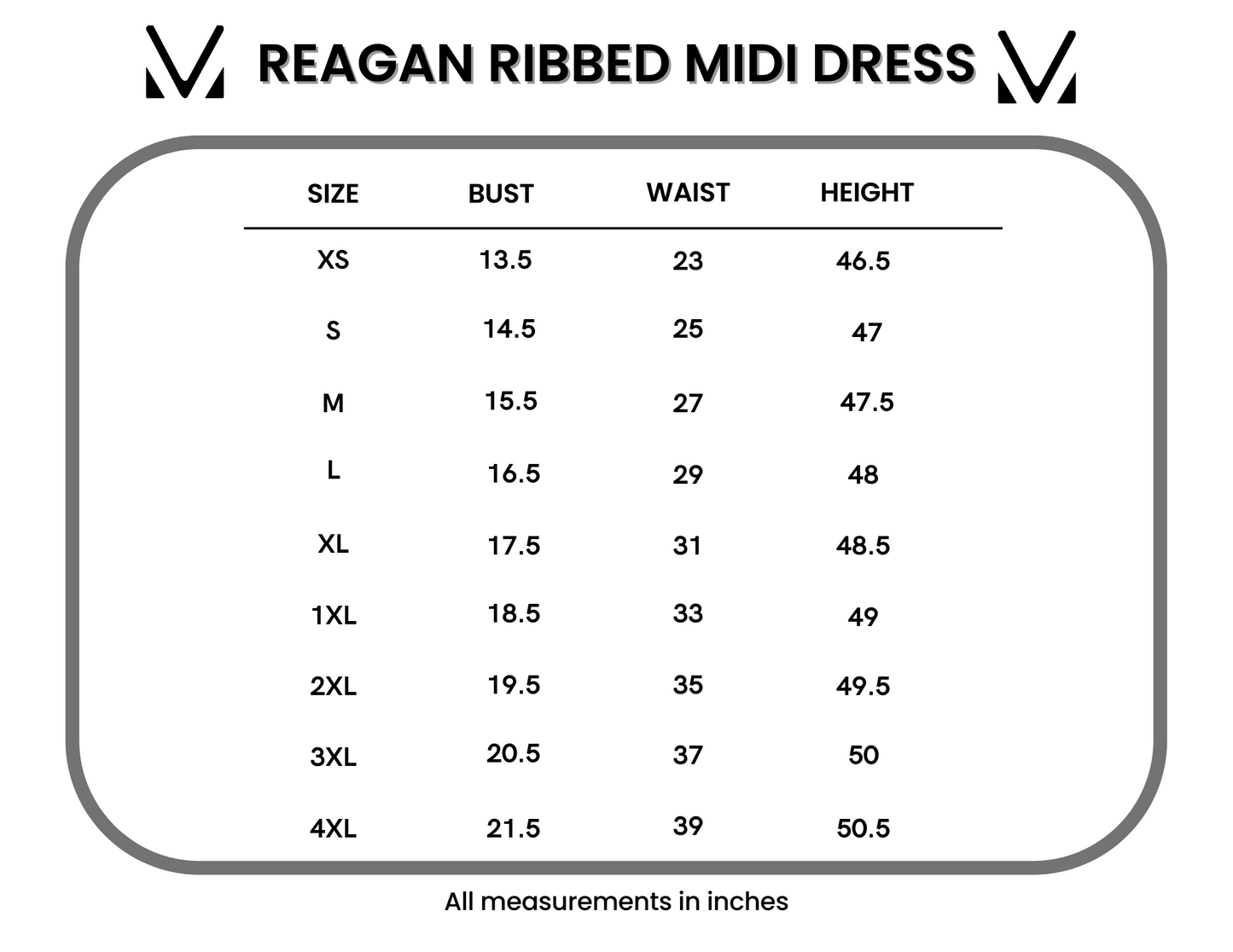 Reagan Ribbed Midi Dress Size Chart