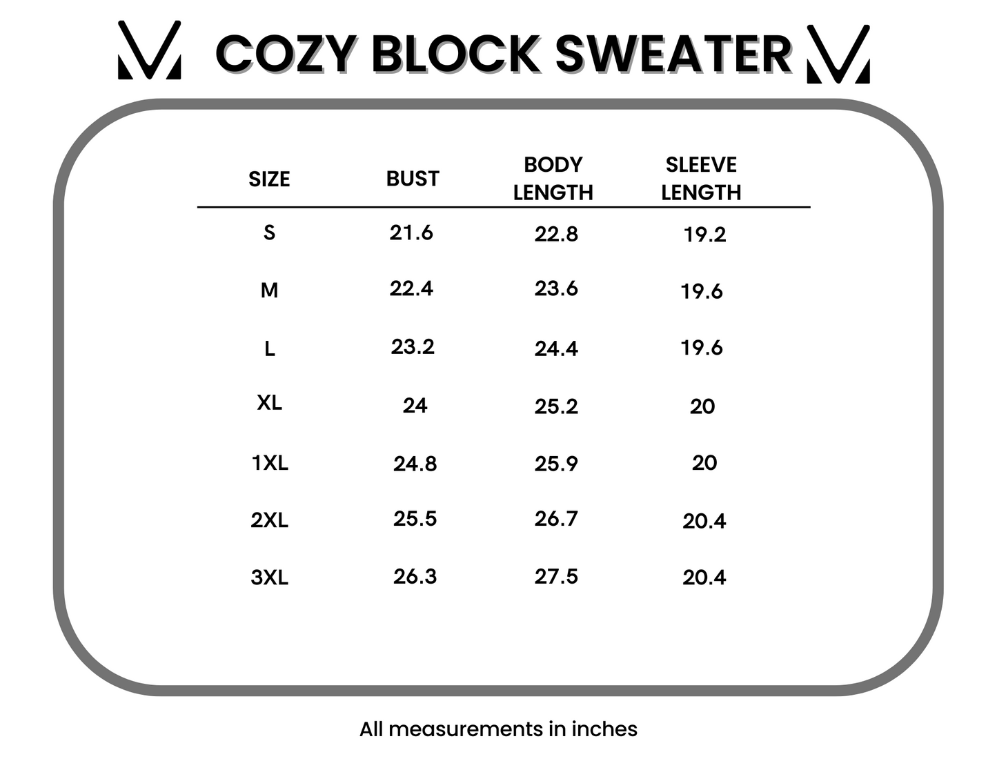 Cozy Block Sweater size chart with measurements in inches