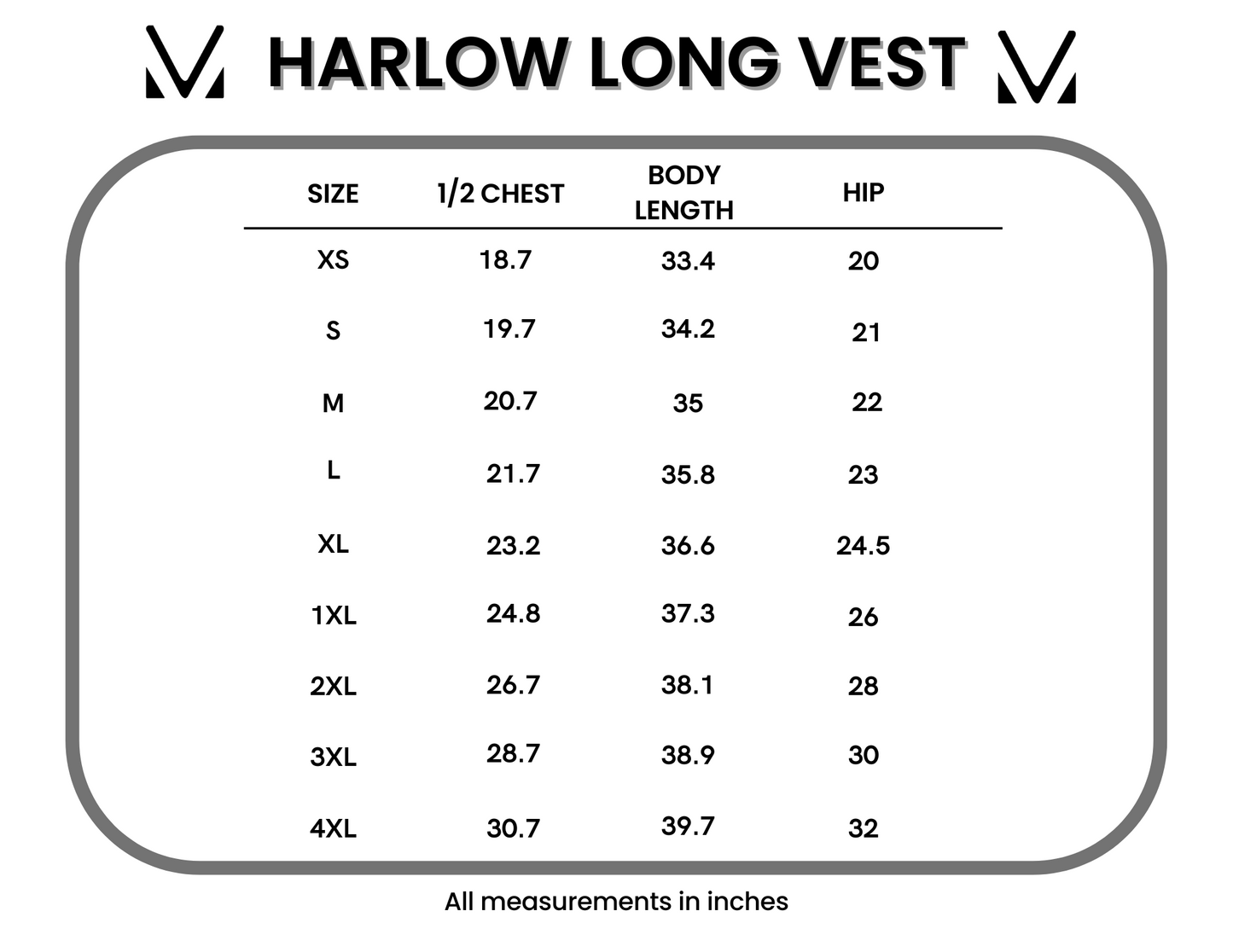 Harlow Long Vest size chart showing measurements in inches for sizes XS through 4XL including half chest, body length, and hip measurements