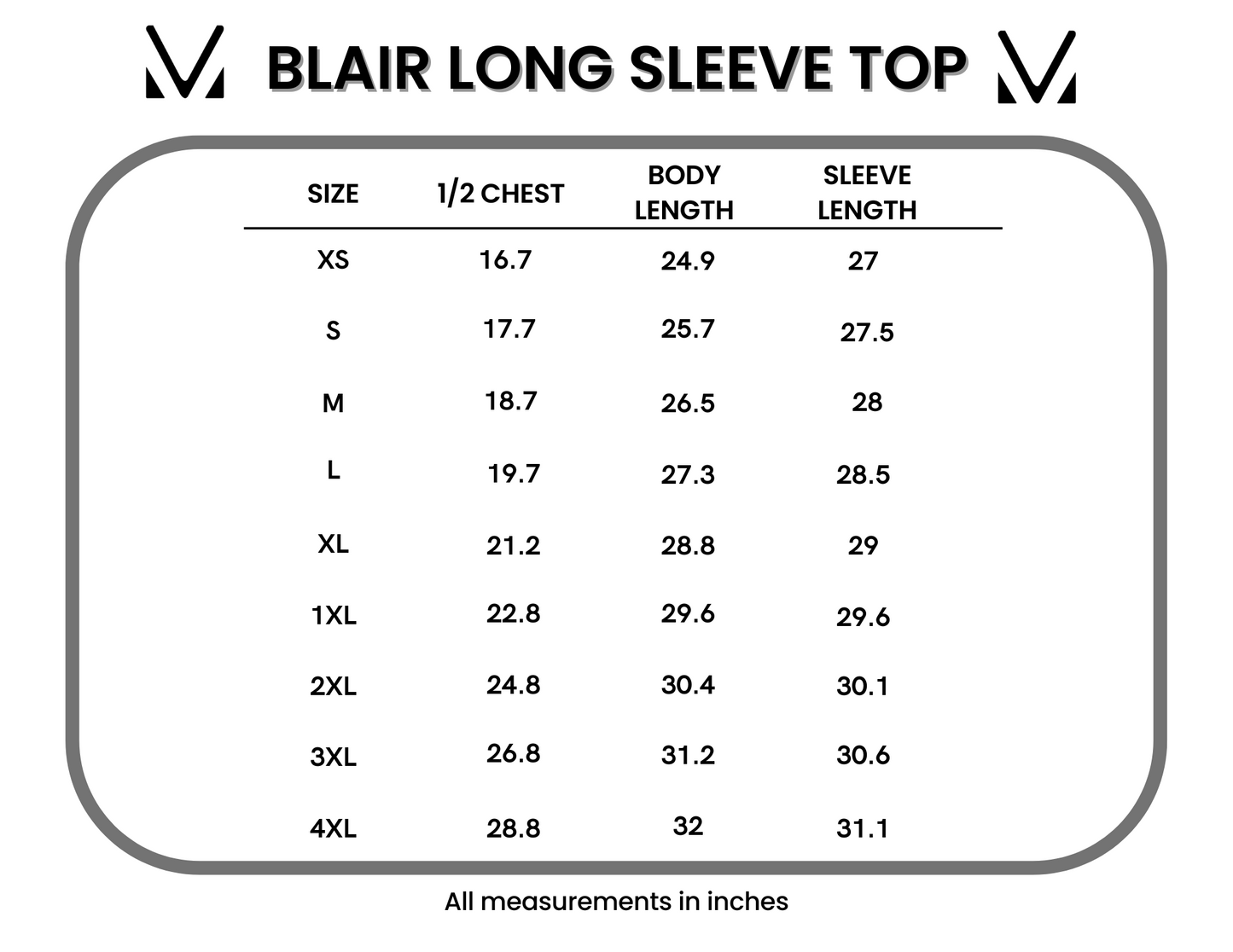 Blair Long Sleeve Top size chart showing measurements for XS through 4XL