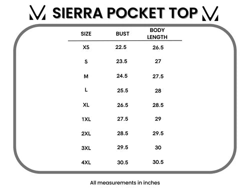 Size chart for Sierra Pocket Top with bust and body length measurements.