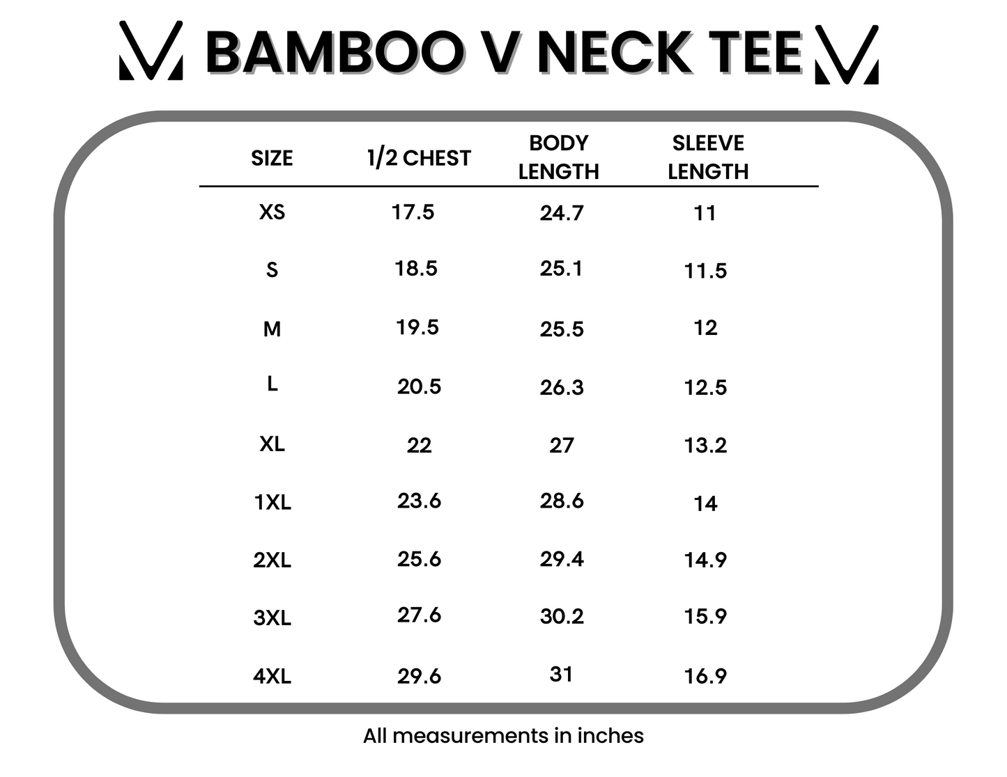 Size chart for Bamboo V Neck Tee with measurements in inches