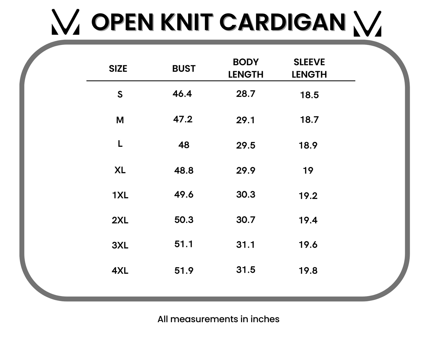 Size chart for an open knit cardigan with measurements in inches.