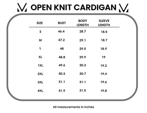 size chart for black open knit cardigan