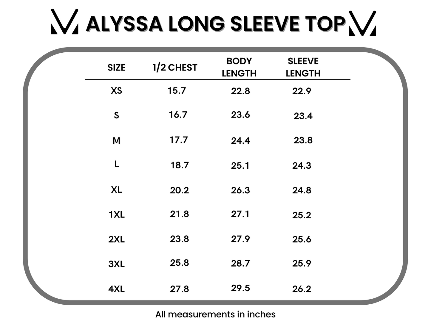 Alyssa Long Sleeve Top size chart showing measurements for XS through 4XL