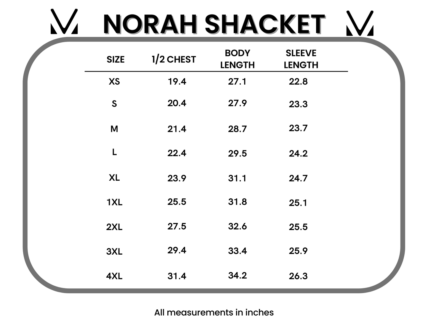 Norah Shacket Size Chart
