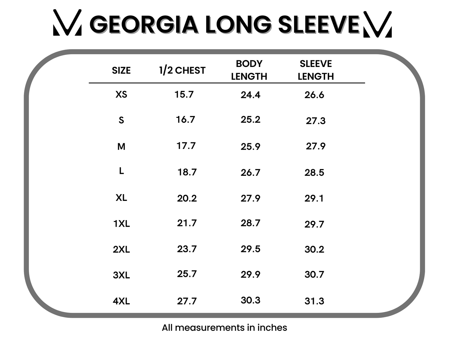 Georgia Long Sleeve size chart with measurements in inches
