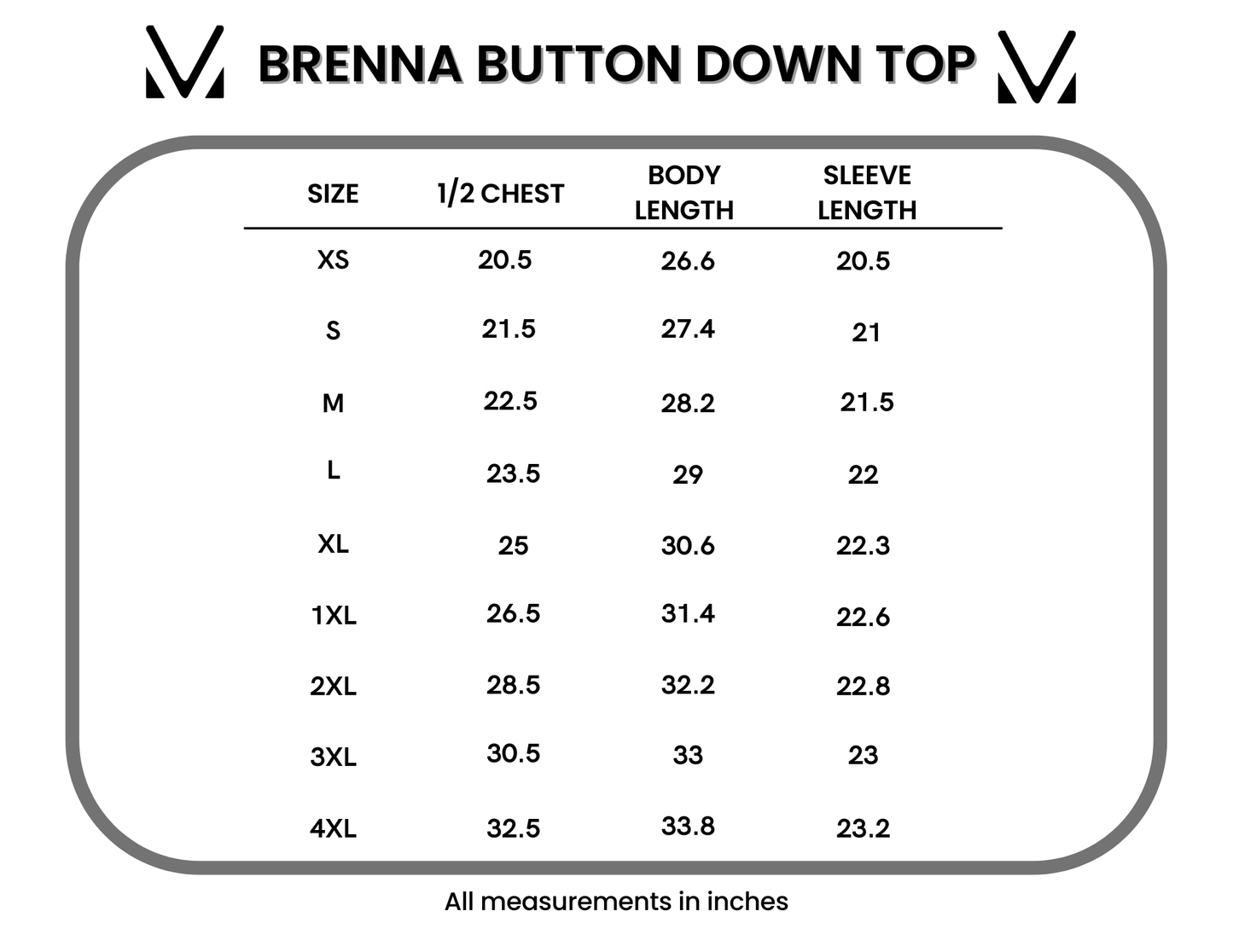 Brenna Button Down Top size chart showing measurements for sizes XS through 4XL