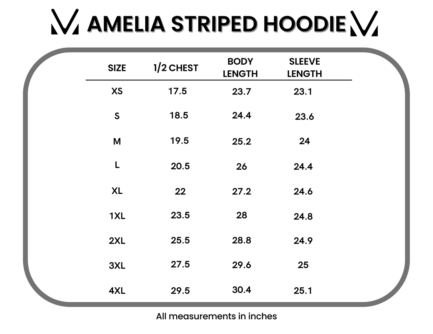 Size chart for Amelia Striped Hoodie with measurements in inches.