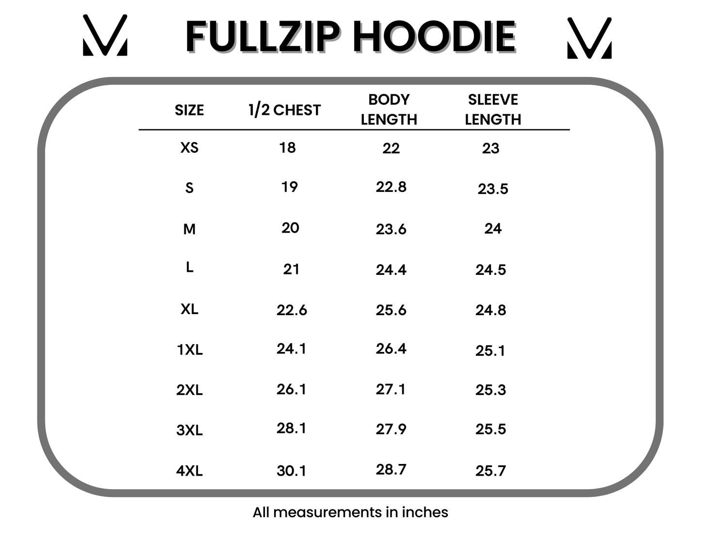 Size chart for fullzip hoodie with measurements in inches