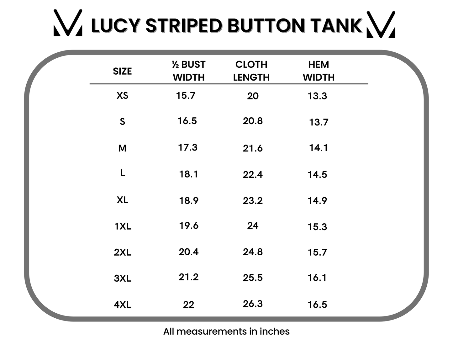Size chart for Lucy Striped Button Tank with measurements in inches.