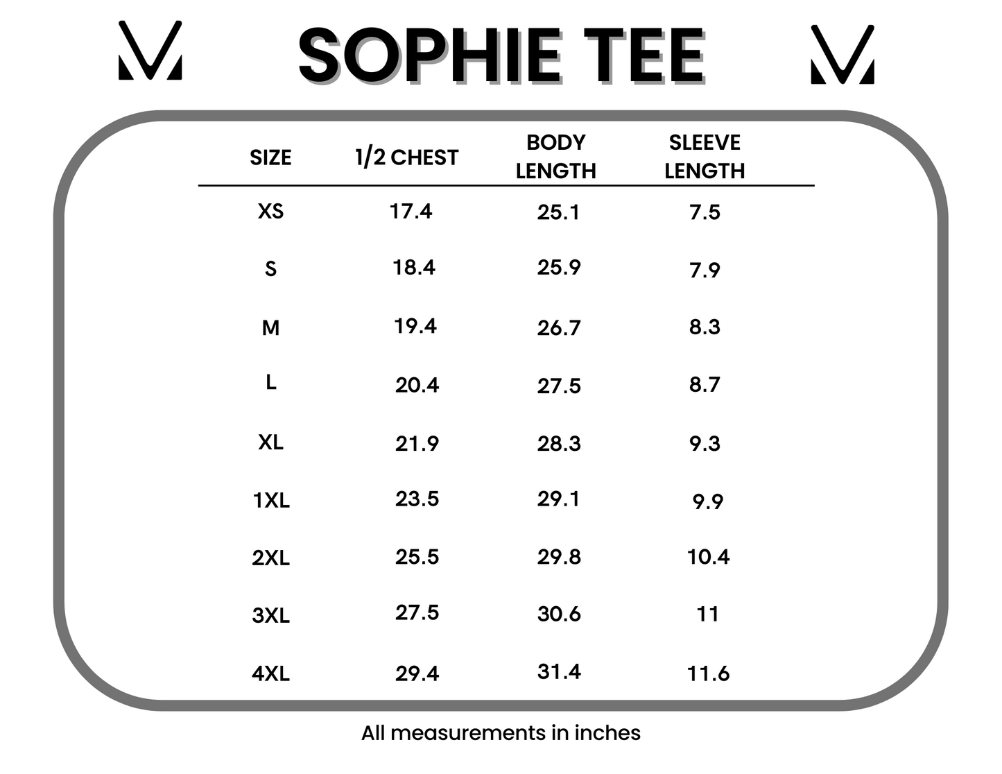 Size chart for a 'Sophie Tee' garment with measurements in inches.