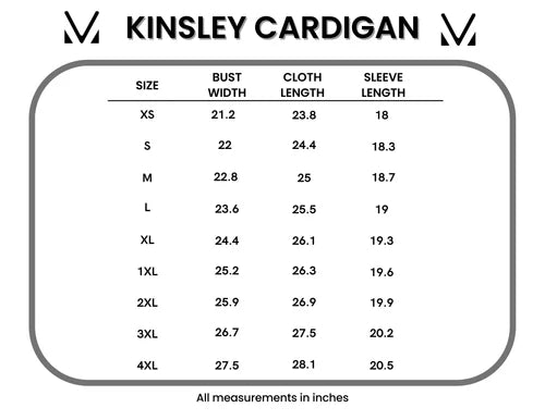 Size chart for Kinsley Cardigan with measurements in inches.