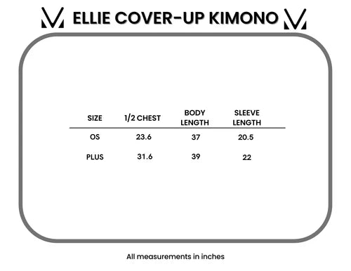 Michelle Mae Ellie Cover-Up Kimono size chart showing measurements in inches for One Size and Plus including chest, body length, and sleeve length