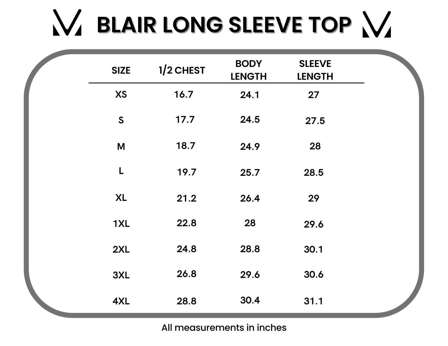 Measurement chart for Blair long sleeve top with size chart