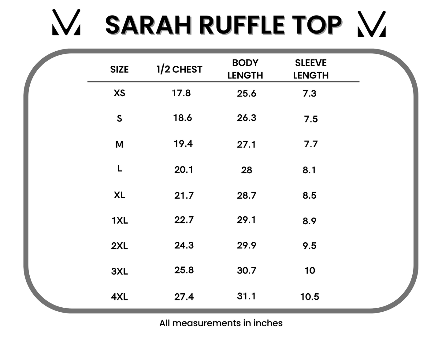 Measurement chart for Sarah Ruffle Top with size chart in inches
