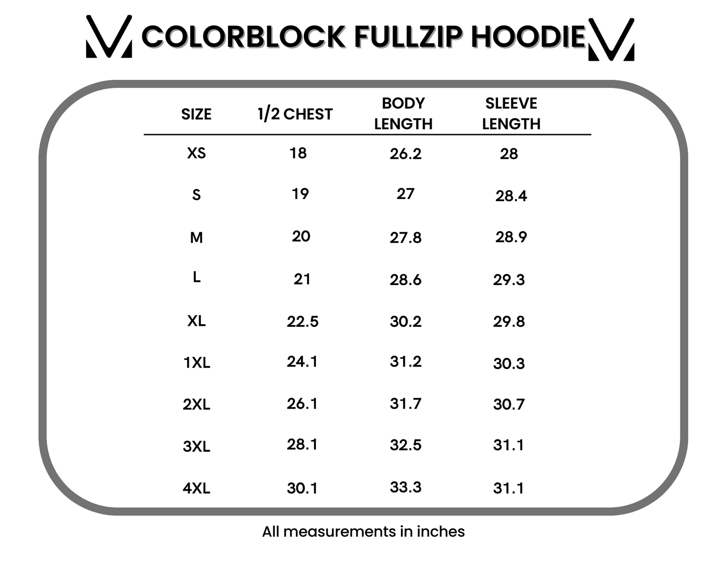 Colorblock Fullzip Hoodie size chart showing measurements in inches for sizes XS through 4XL including chest, body length, and sleeve length