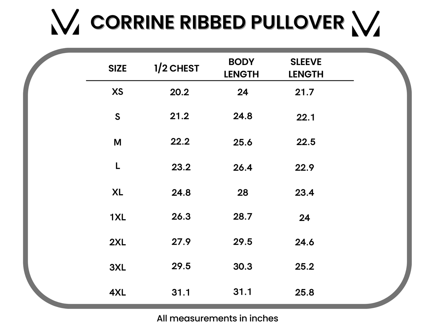 Measurement chart for Corrine Ribbed Pullover with size chart in inches