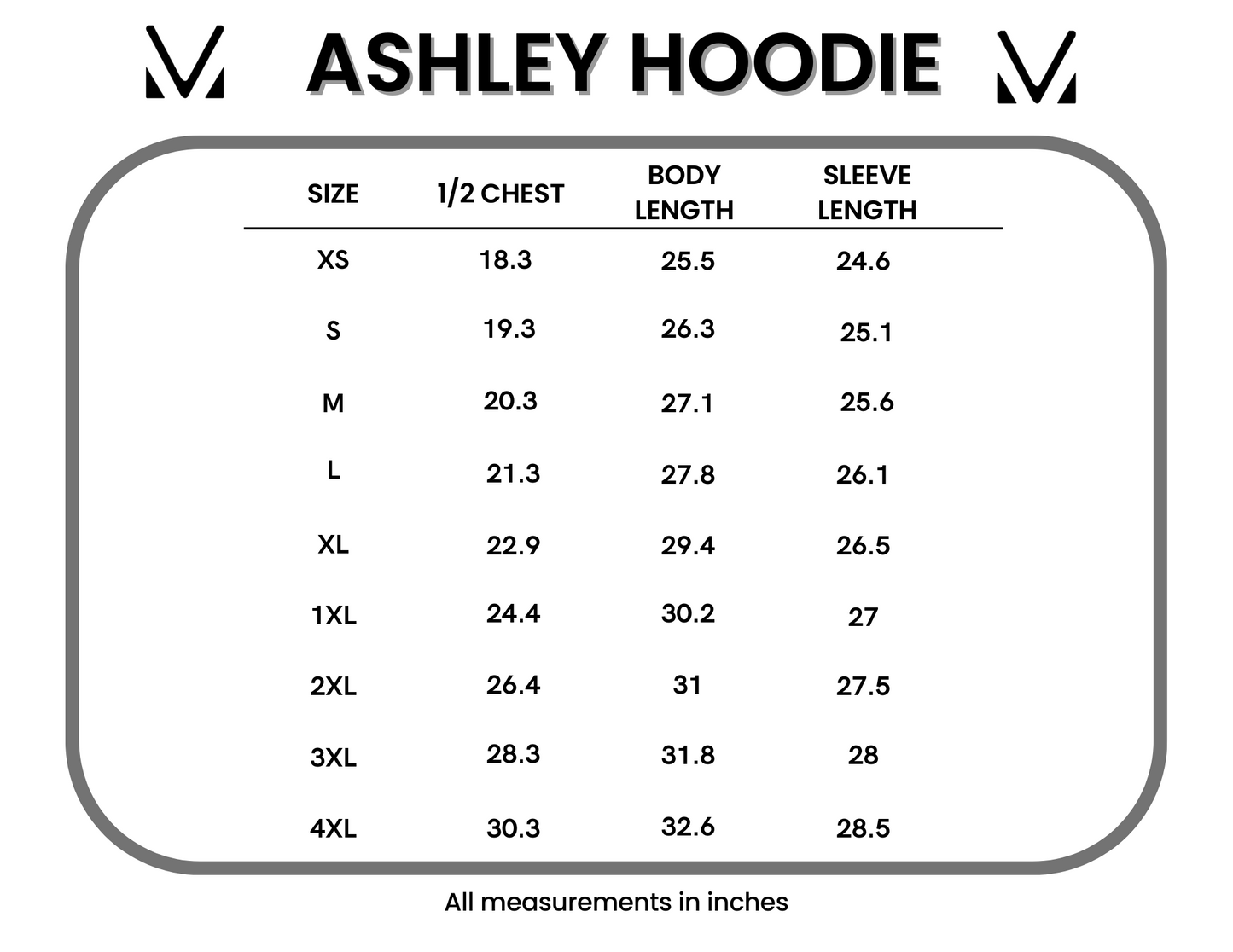 Ashley Hoodie size chart showing measurements for XS through 4XL