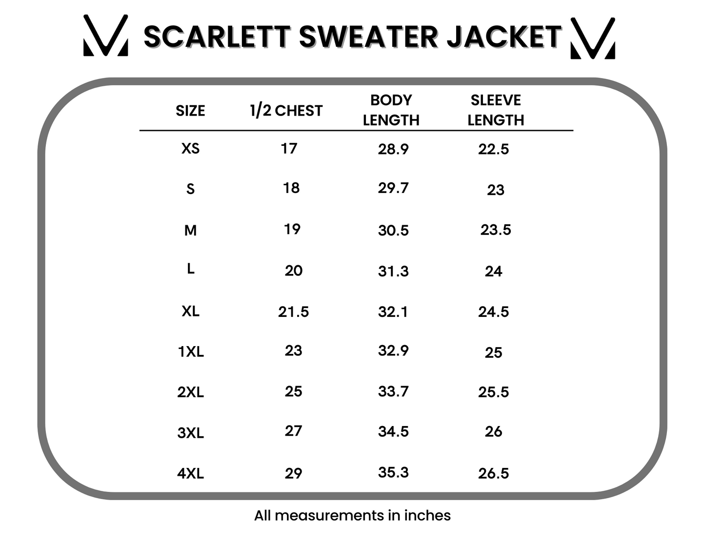 Scarlett Sweater Jacket size chart showing measurements for XS through 4XL