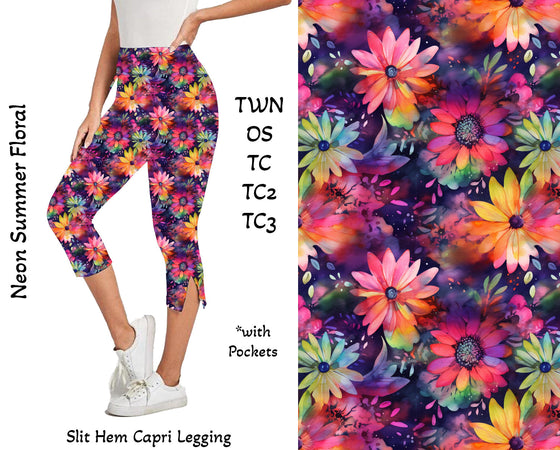 Neon Summer Floral Side Slit Hem Capri Leggings with Pockets