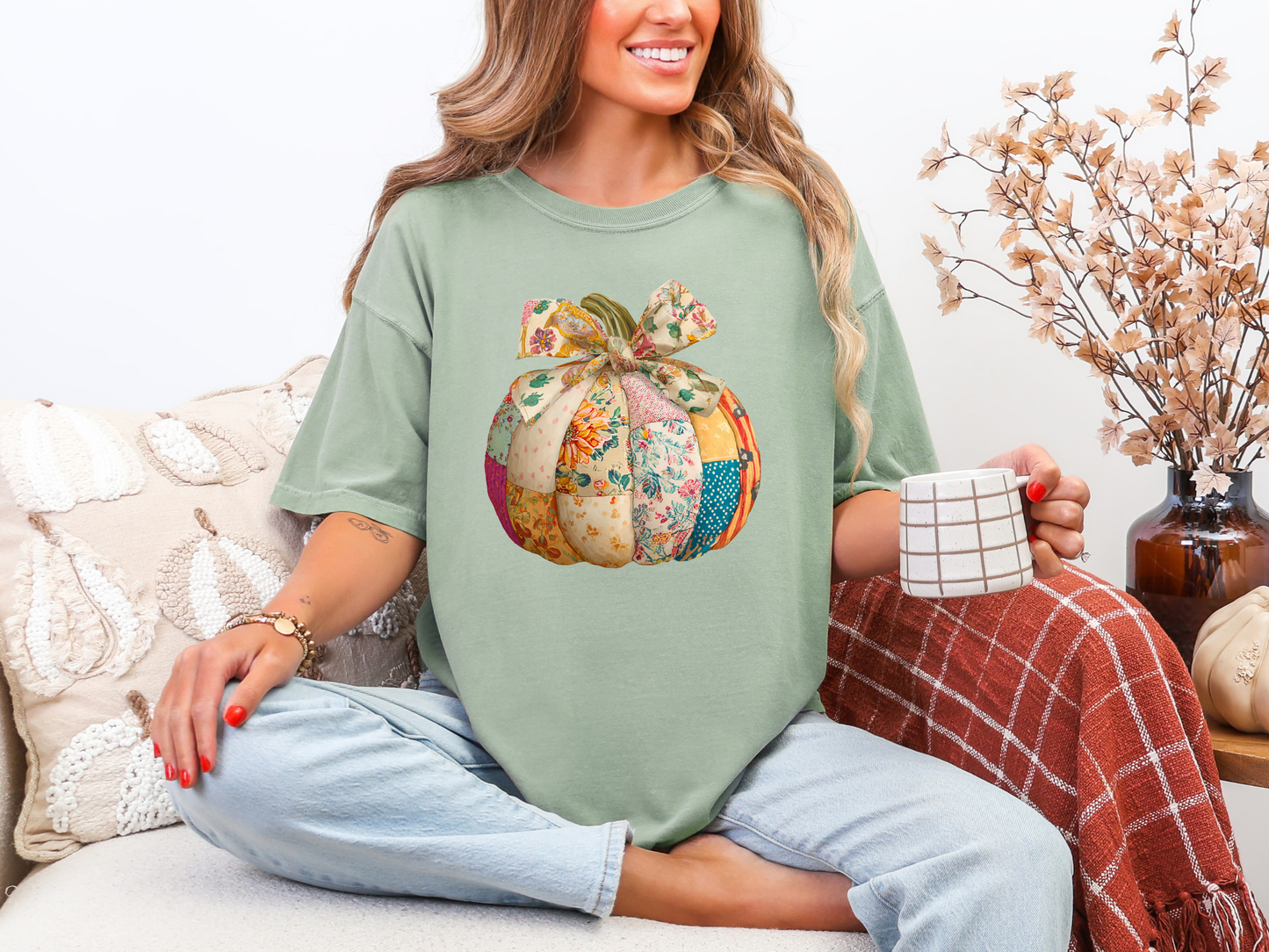 Pumpkin Patchwork Tee in sage