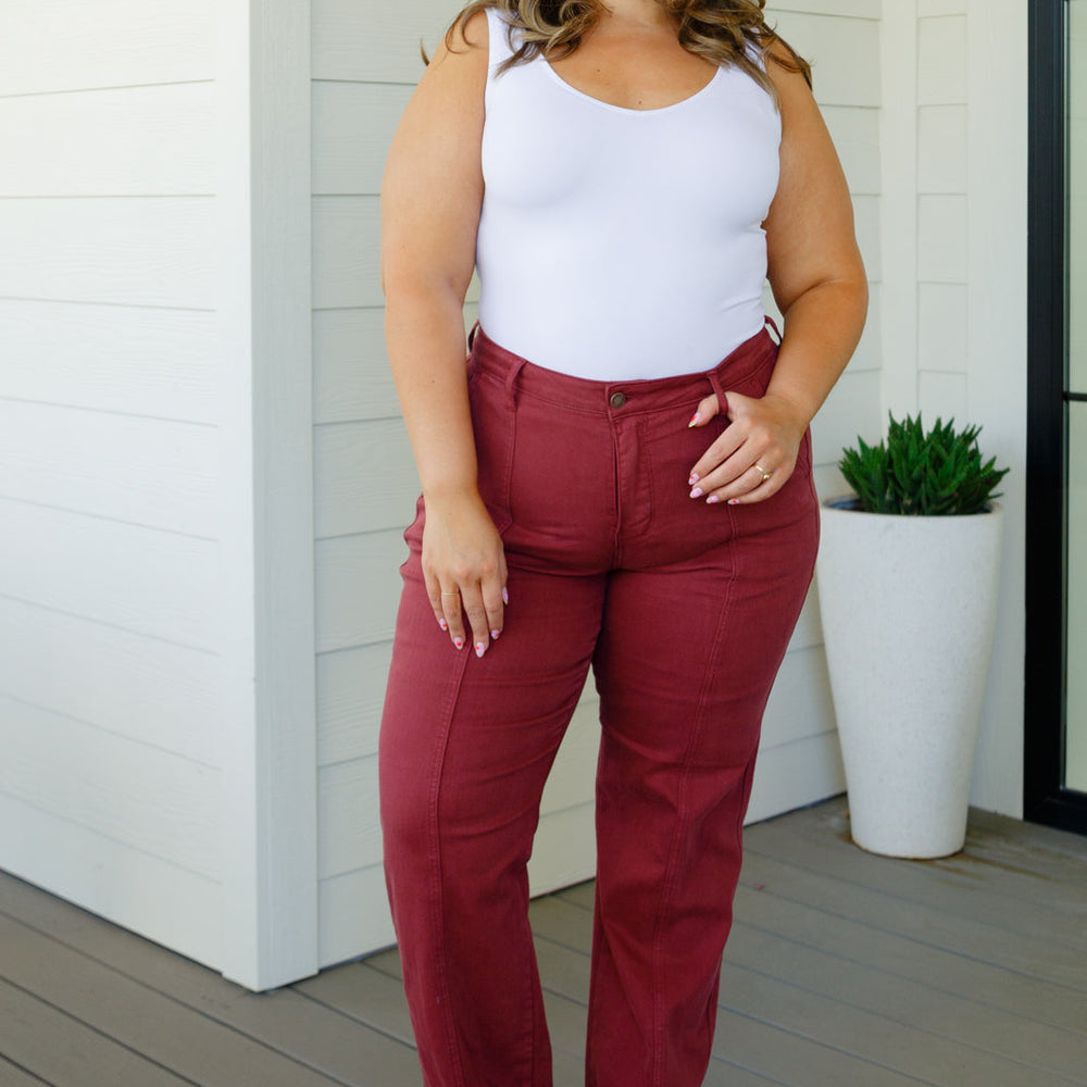 
                      
                        Phoebe High Rise Front Seam Straight Jeans in Burgundy
                      
                    