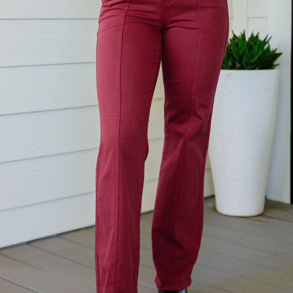 
                      
                        Phoebe High Rise Front Seam Straight Jeans in Burgundy
                      
                    