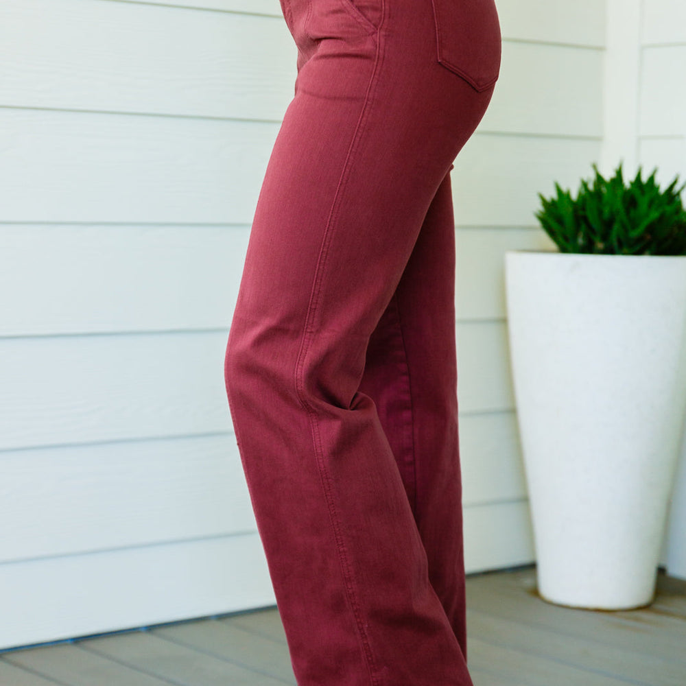 
                      
                        Phoebe High Rise Front Seam Straight Jeans in Burgundy
                      
                    