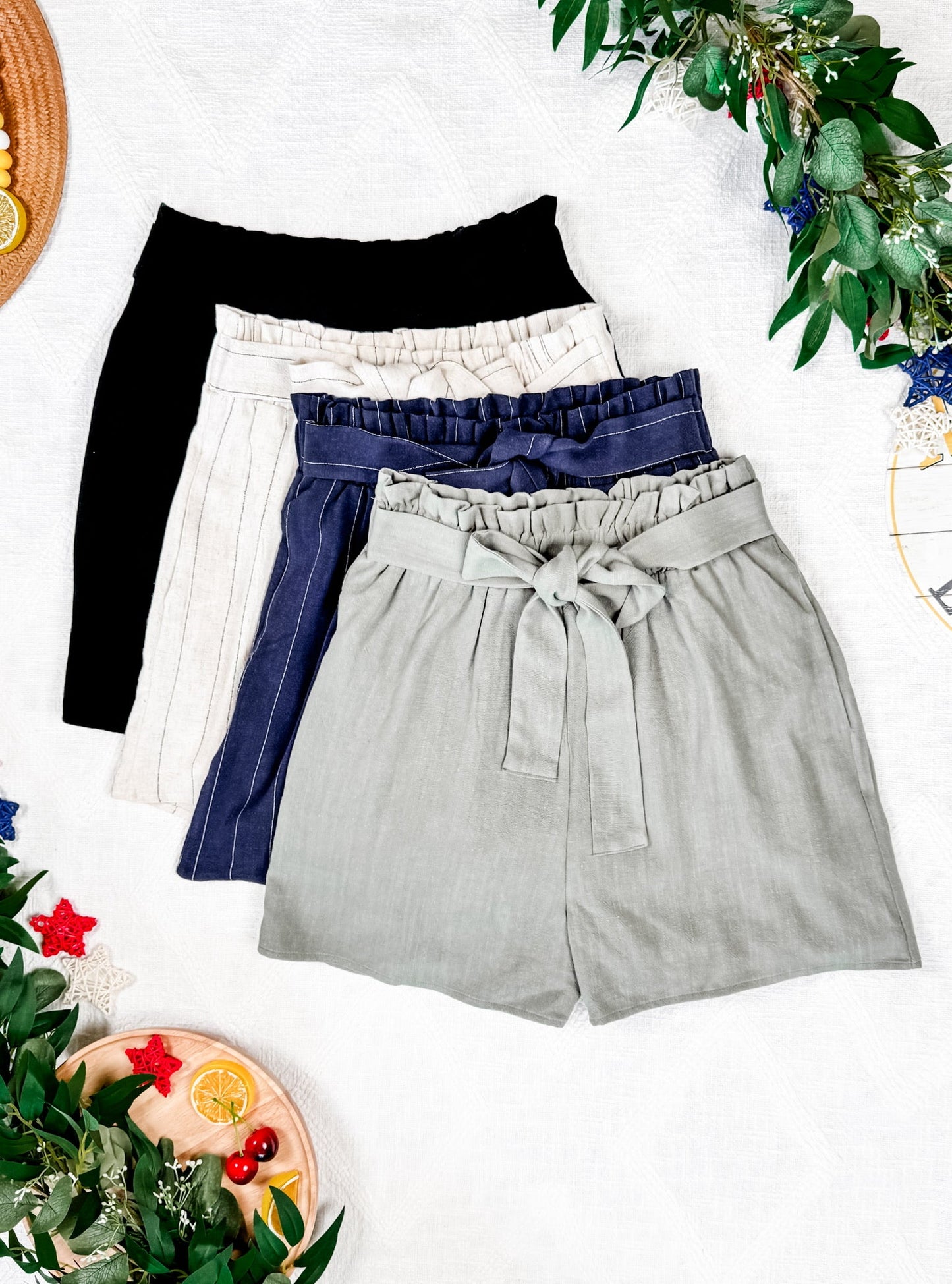 Libby Linen Shorts in Olive with tie belt and pockets