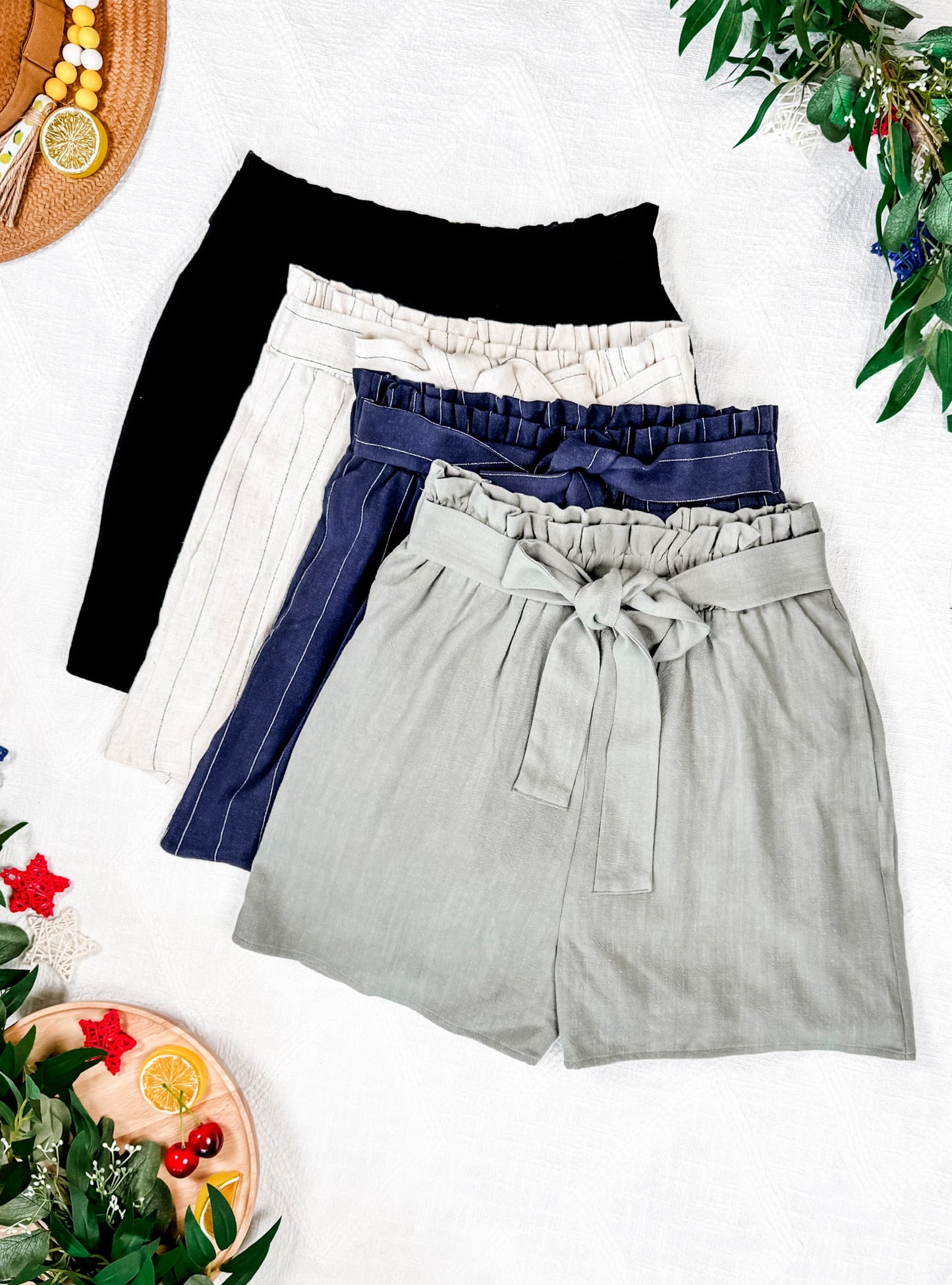 Libby Linen Shorts in Olive with tie belt and pockets
